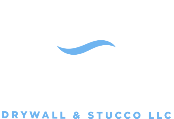 Drywall & Stucco LLC logo with blue wave design and company name
